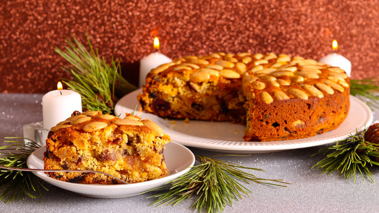 Traditional Dundee Cake on a serving plate