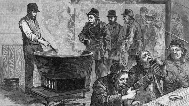 Sketch of hobos lined up for stew out of a giant pot with some sitting down eating.