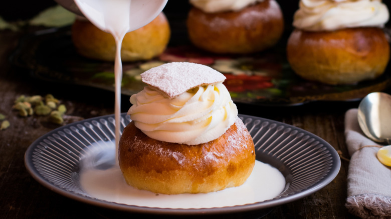 Swedish semla served the traditional way with hot milk