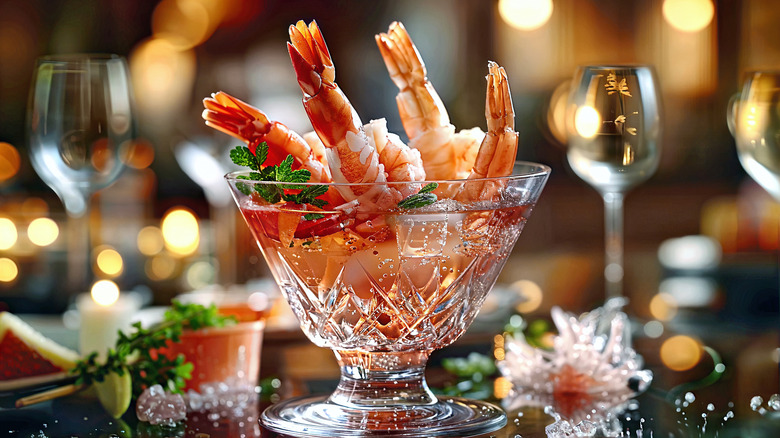 Shrimp cocktail appetizer in glass on fancy dinner table