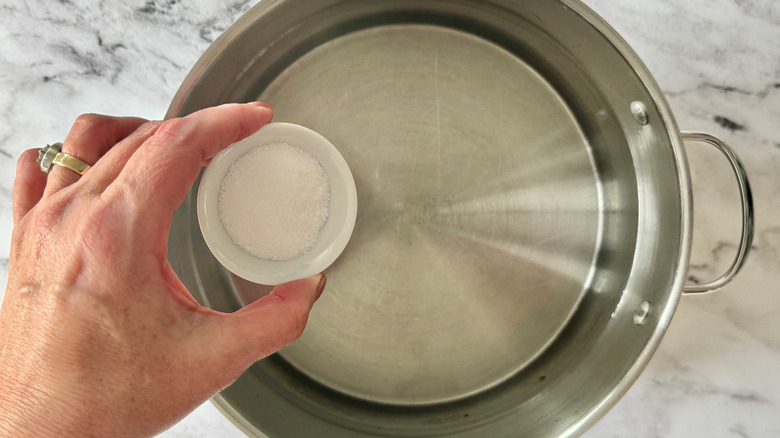 hand holding a tub of salt over a pot of water