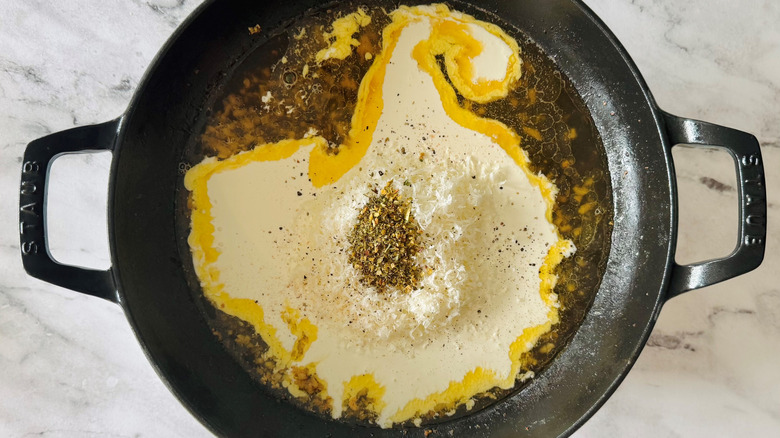 various sauce ingredients in a black pan