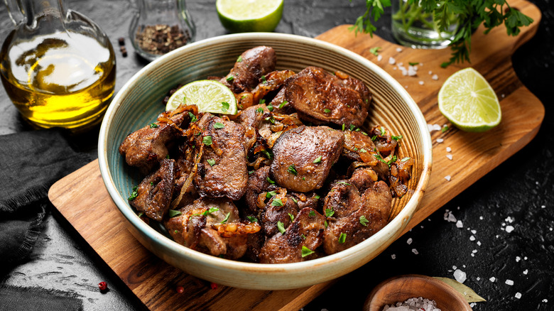 A bowl of cooked chicken livers