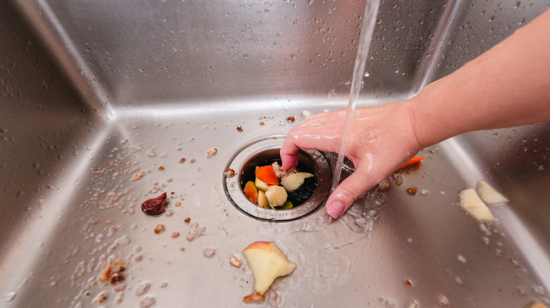 Food waste being put into the mouth of a garbage disposal unit