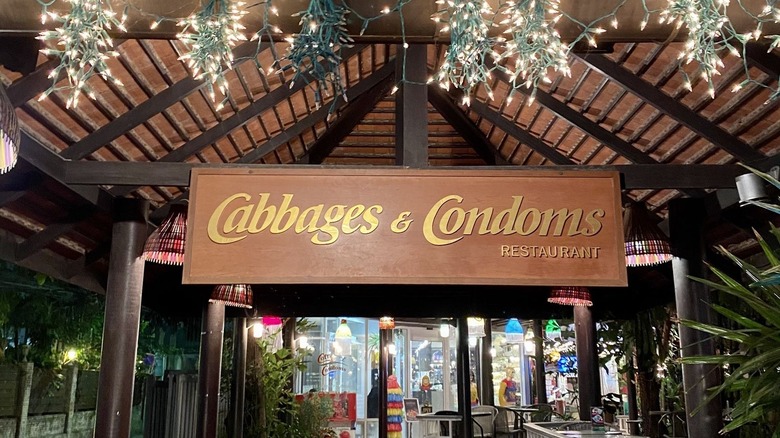 The entrance to Cabbage & Condoms restaurant