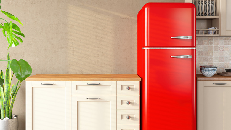 Retro red fridge design in the kitchen
