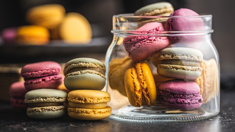 french macarons in glass jar