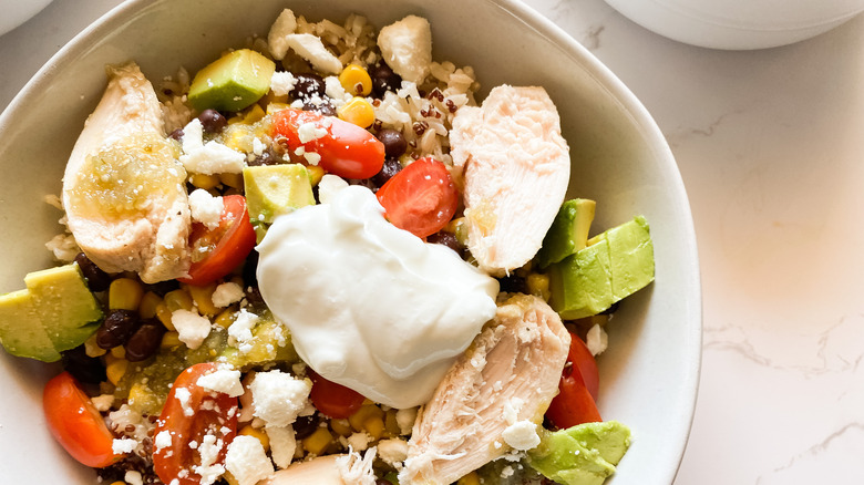 Close up of Panera Bread Baja bowl with chicken