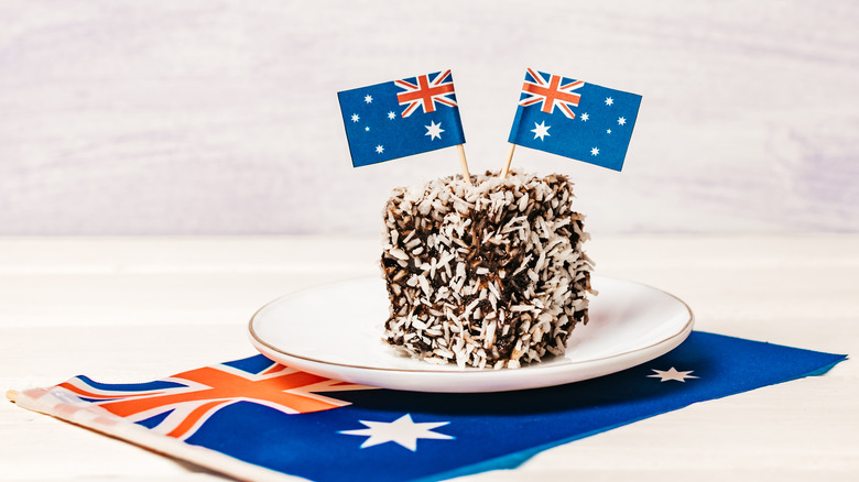 plated Lamington cake with Australian flags
