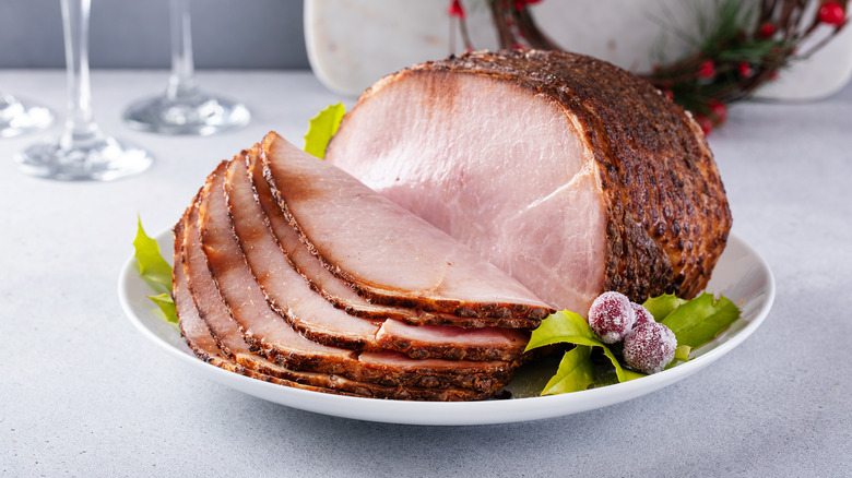 cooked sliced ham on plate