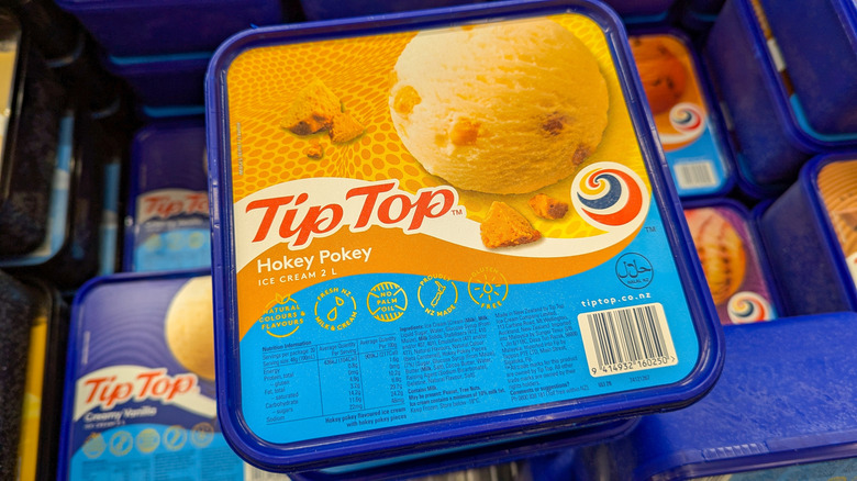A two-liter container of Tip Top Hokey Pokey ice cream