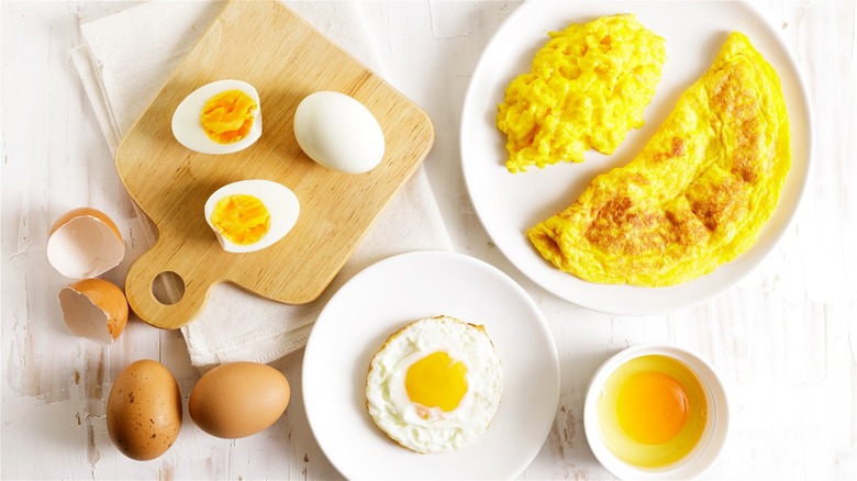 Omelet, hard-boiled and fried eggs