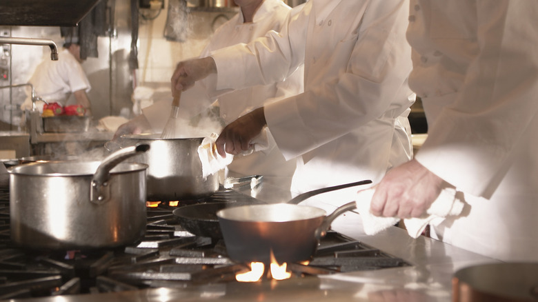 Side view of chefs preparing food in a professional kitchen.