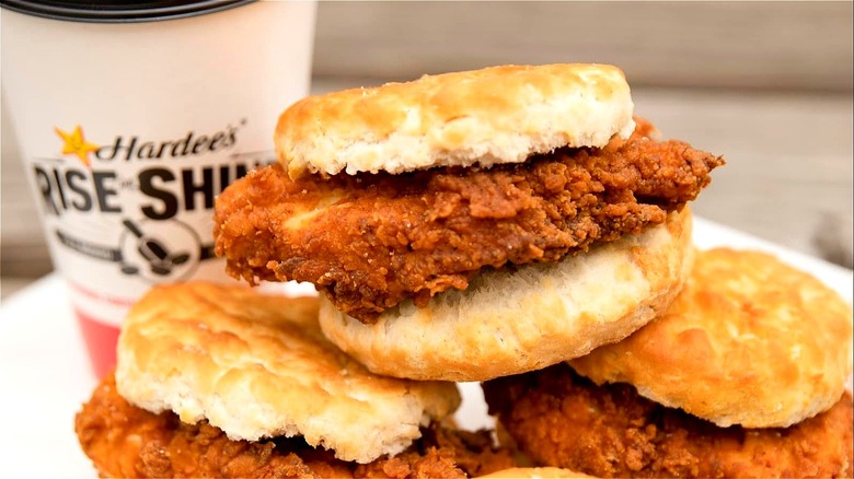 Hardee's fried chicken in biscuit with drink