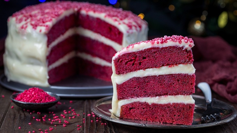 Red Velvet cake sliced with ermine icing 