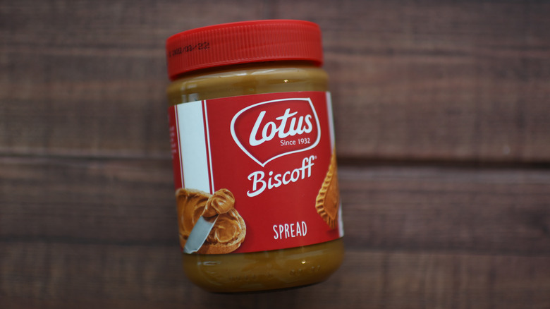 A jar of Biscoff with a red label