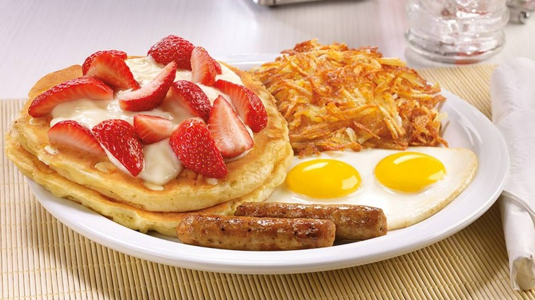 Denny's Grand Slam with strawberries and cream
