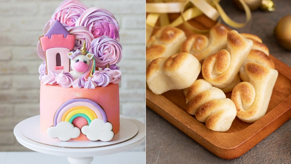 Collage of decorated fondant cake and marzipan figures