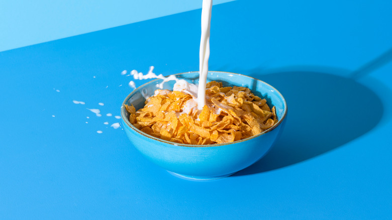 Cereal with milk in blue bowl