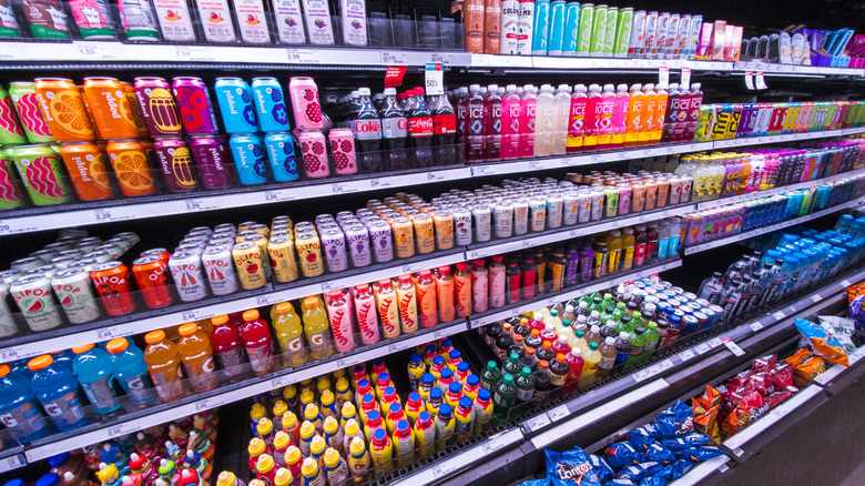 Sports drinks in the refrigerated section of a store