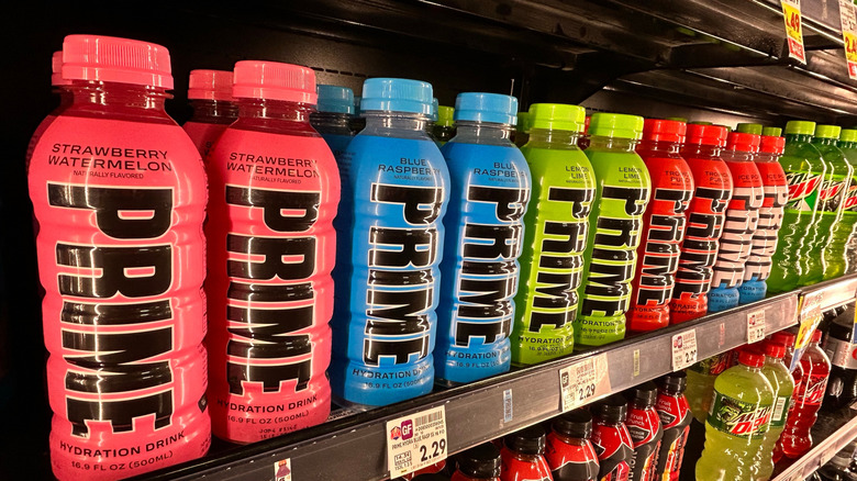 PRIME bottles displayed on a shelf in a store