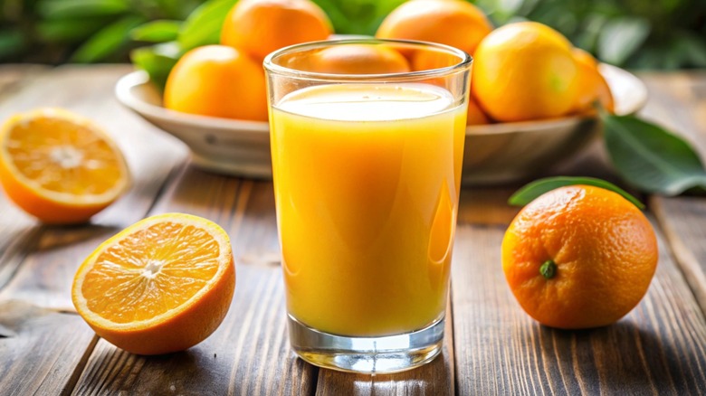 glass of juice surrounded by oranges