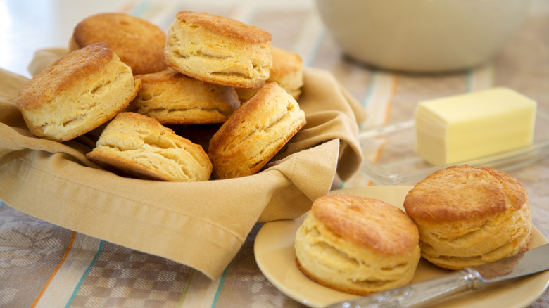 flaky biscuits stacked in bowl