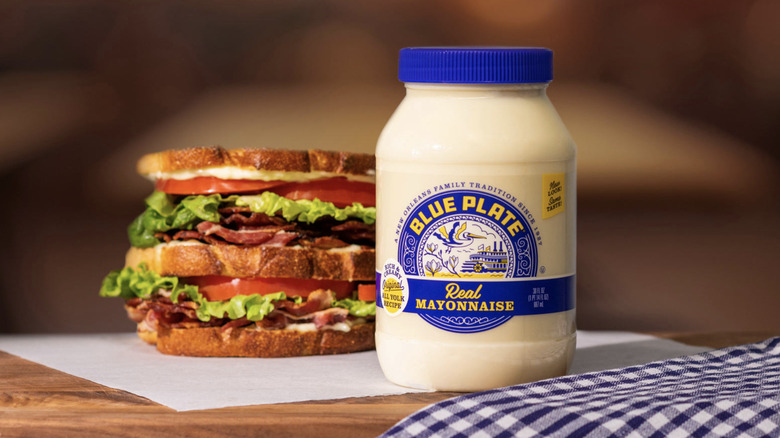 Blue Plate Mayonnaise next to a sandwich