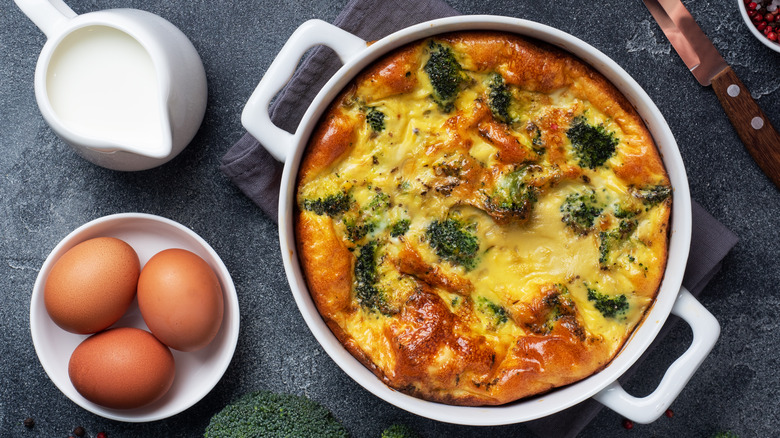 Frittata in pan on countertop 