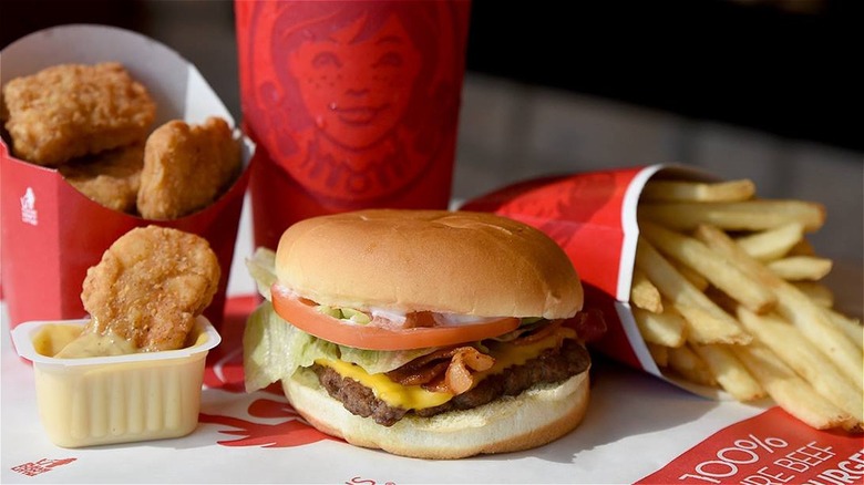 wendy's burger, fries, nuggets, and drink