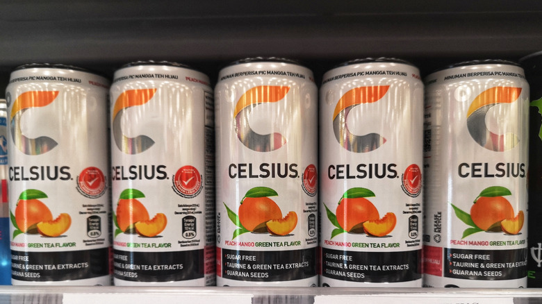 Assortment of Celsius cans on grocery store shelf
