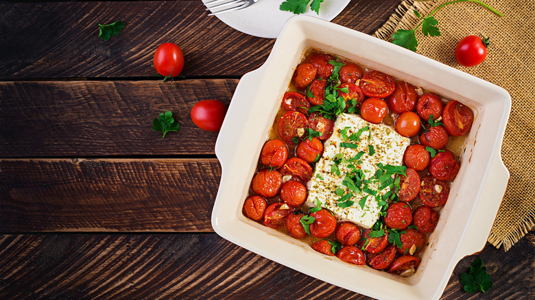 Baked feta pasta in dish