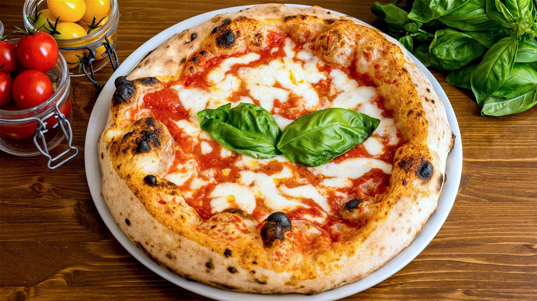 Margherita pizza with basil leaf