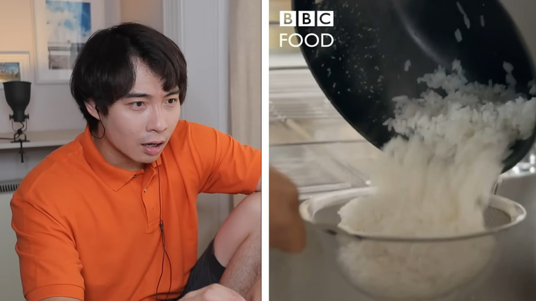 Uncle Roger reacting to BBC Food's Hersha Patel rinsing cooked rice in a colander