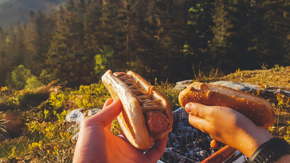 Hikers holding hot dogs