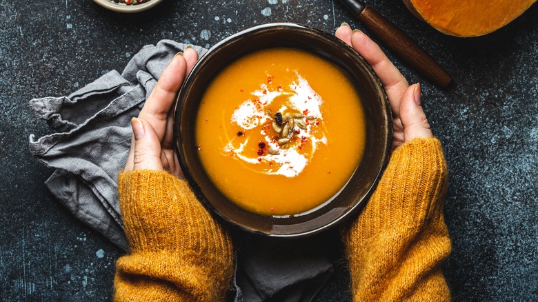 Hands holding bowl of soup