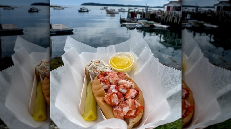 Lobster roll with butter, pickle, and coleslaw on Maine wharf