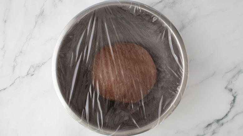Dough ball in bowl covered with plastic