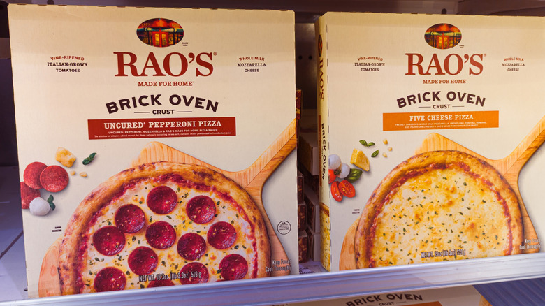 Rao's frozen pepperoni and five cheese pizzas in grocery store freezers