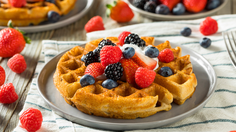 Waffles with berries and cream