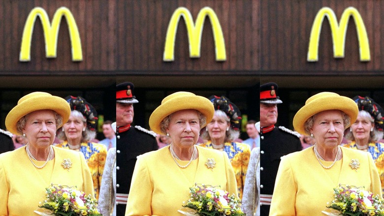   Królowa Elżbieta II przed McDonaldem's in yellow suit