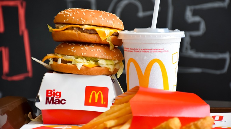   McDonaldas's Big Macs, fries, and a drink