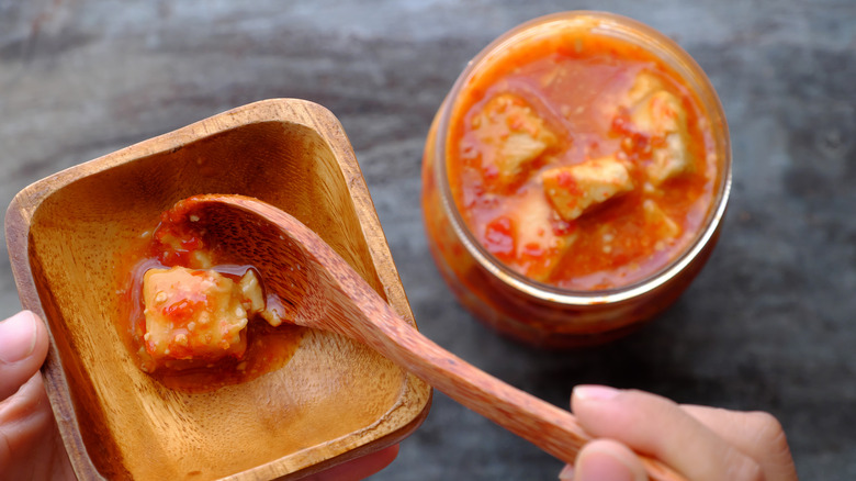 Fermented tofu in a jar.