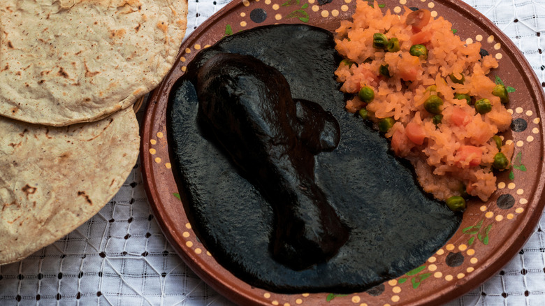 mole negro with chicken, rice