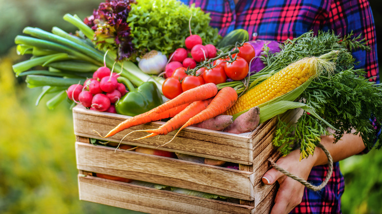 Woman carrying box of vegetables