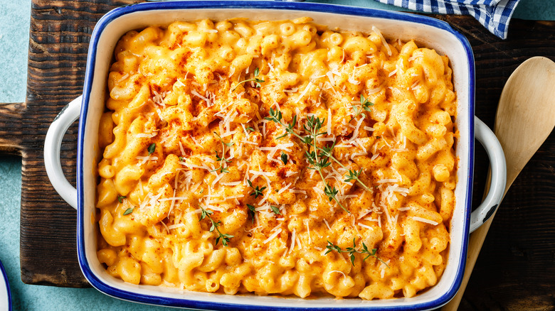 Macaroni and cheese in a ceramic baking pan