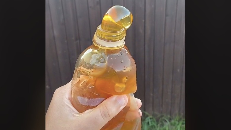 Frozen honey in water bottle