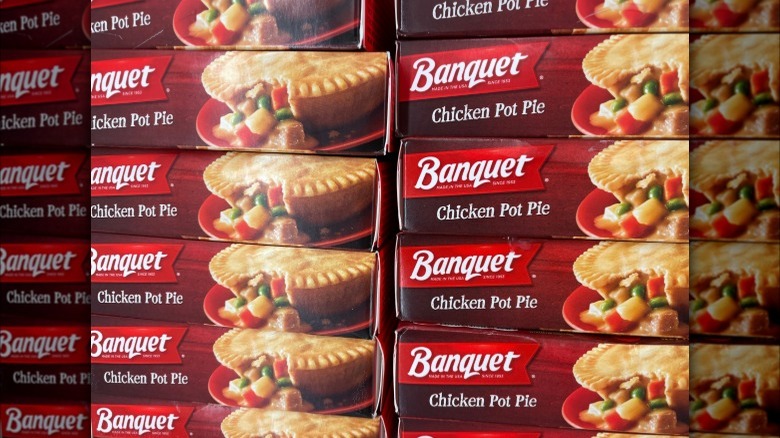 Closeup of boxes of frozen Banquet chicken pot pie