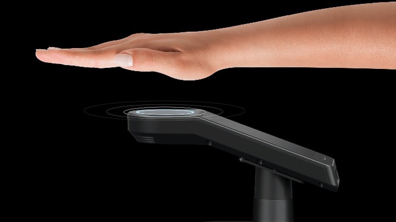 Extended arm and hand over mobile device