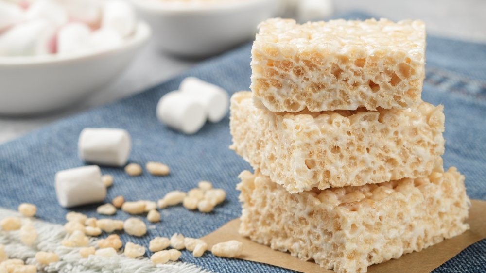 homemade rice krispies treats stacked on top of one another